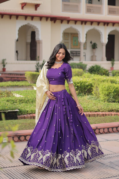 Lorenvalley Fashion Purple Gold Crush with Sequins & Zari Embroidered Work Lehenga Choli with Dupatta