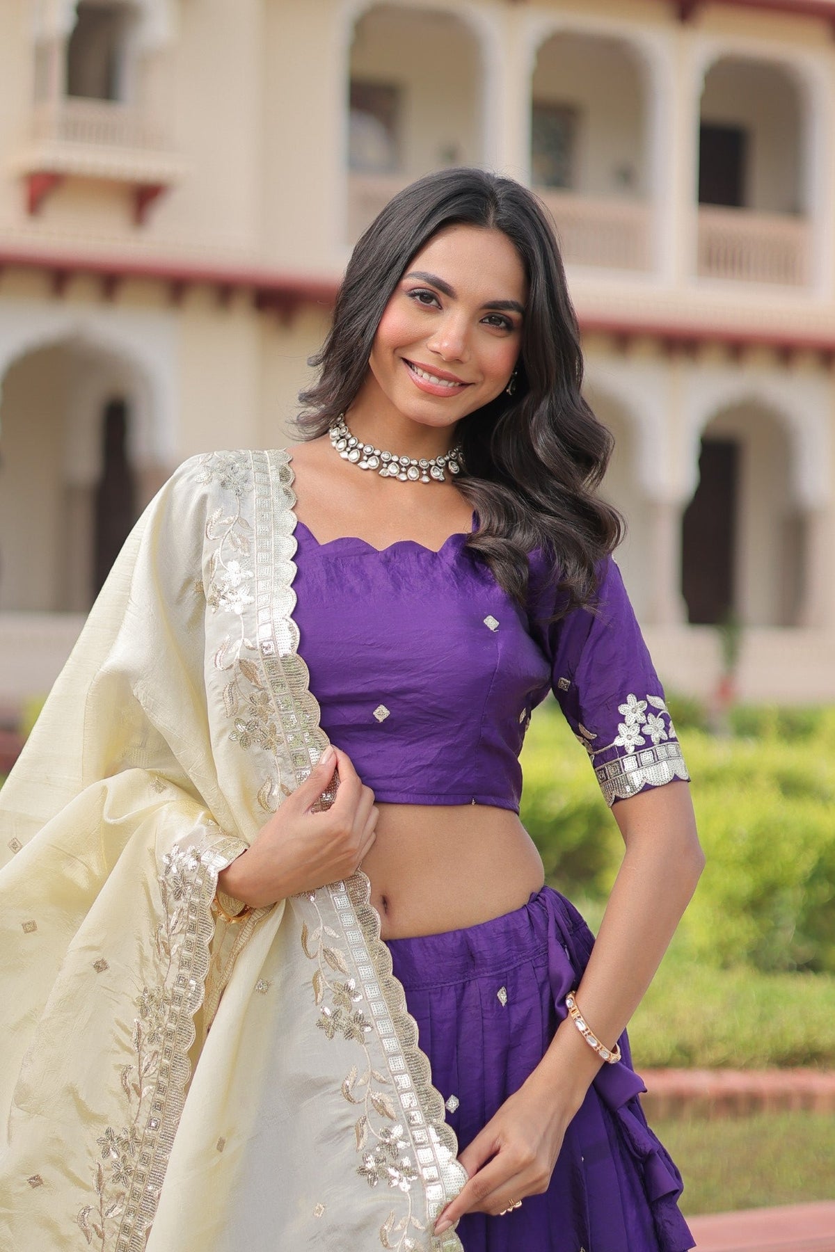 Lorenvalley Fashion Purple Gold Crush with Sequins & Zari Embroidered Work Lehenga Choli with Dupatta