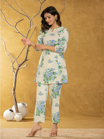 Yufta Cotton Blue Floral Print Co-Ord Set