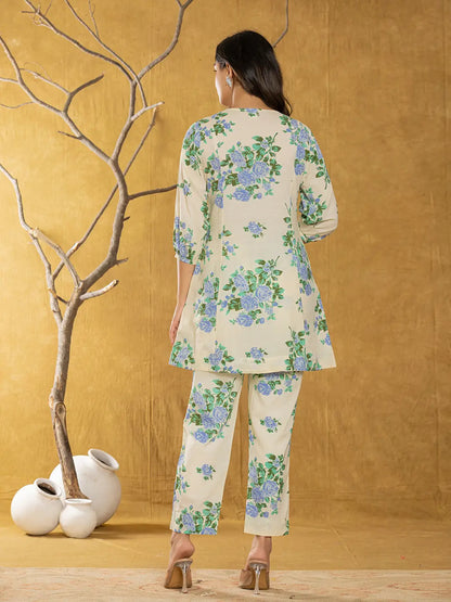 Yufta Cotton Blue Floral Print Co-Ord Set