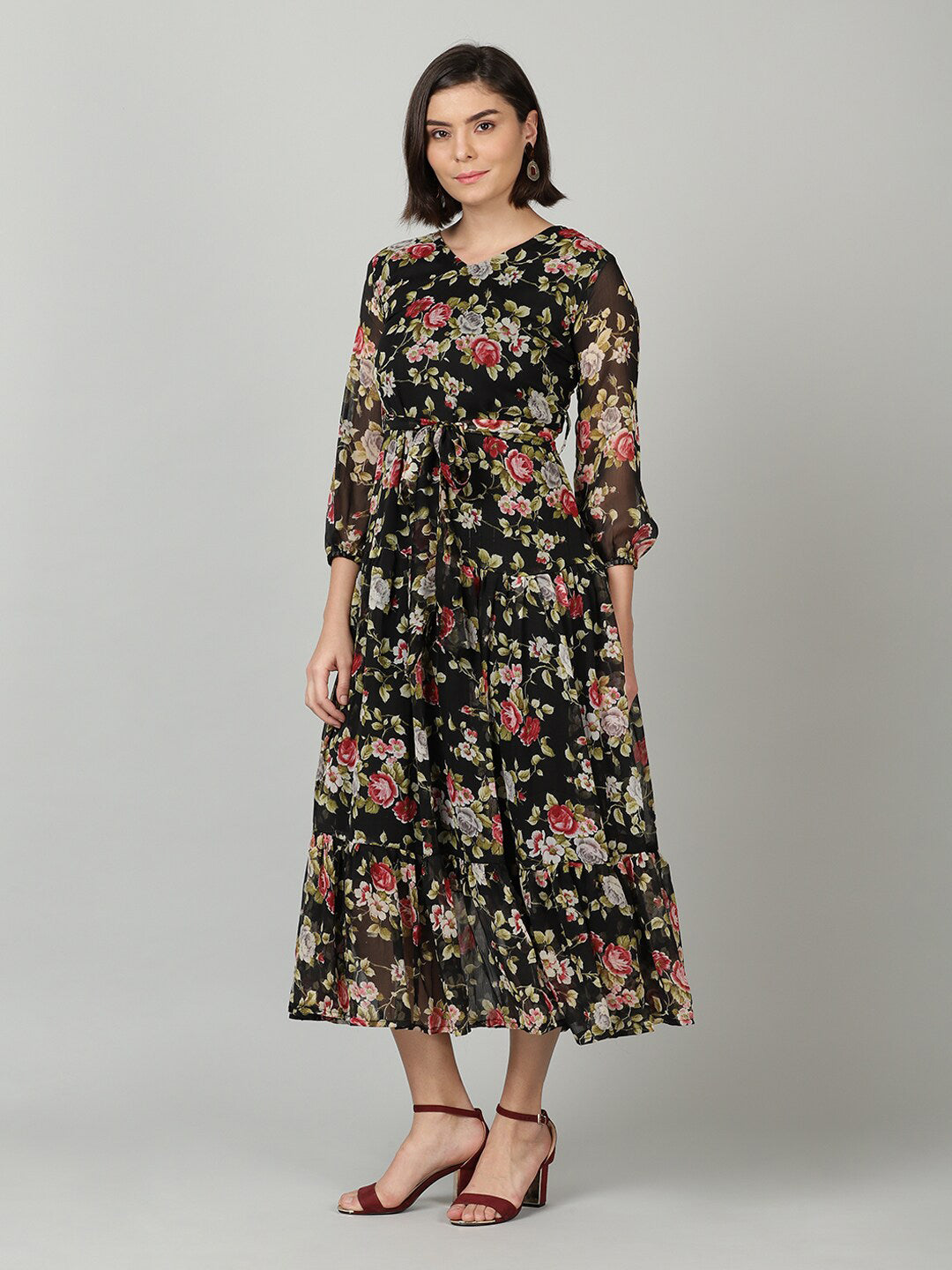 Souchii Black & Pink Floral Chiffon Midi Dress