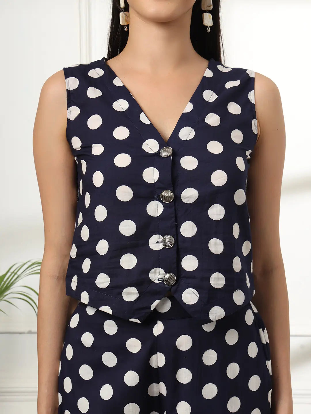 Yufta Blue Cotton Polka Dot Waistcoat Co-Ord
