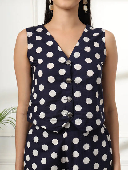 Yufta Blue Cotton Polka Dot Waistcoat Co-Ord