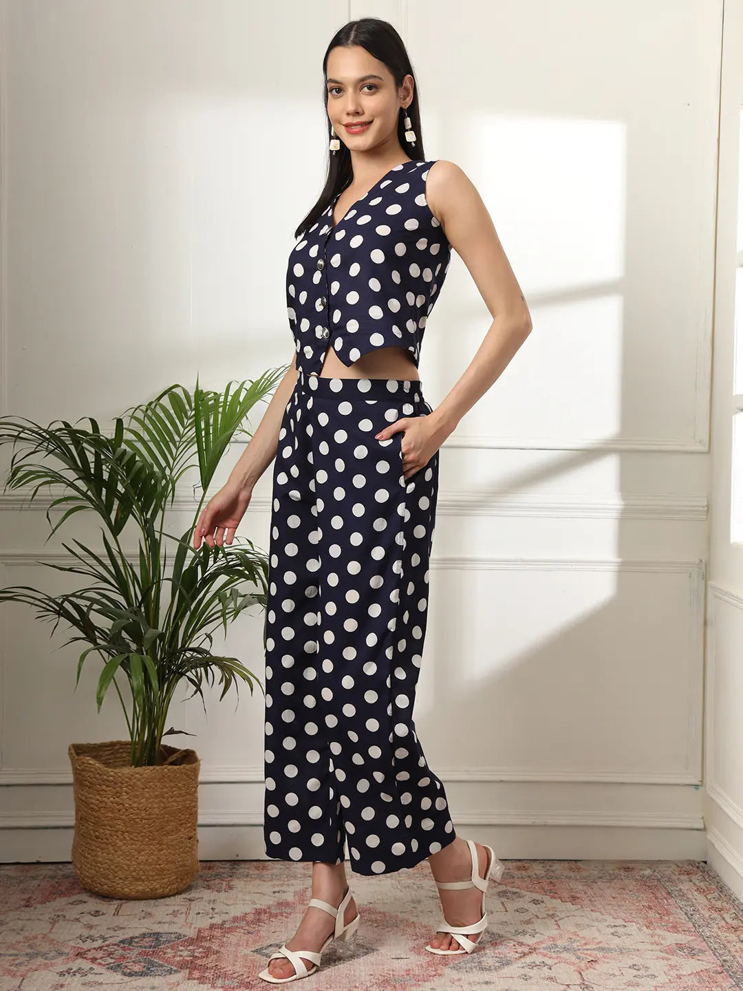 Yufta Blue Cotton Polka Dot Waistcoat Co-Ord