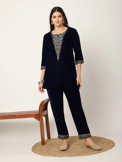 Yufta Navy Blue Velvet Embroidered Co-Ord Set