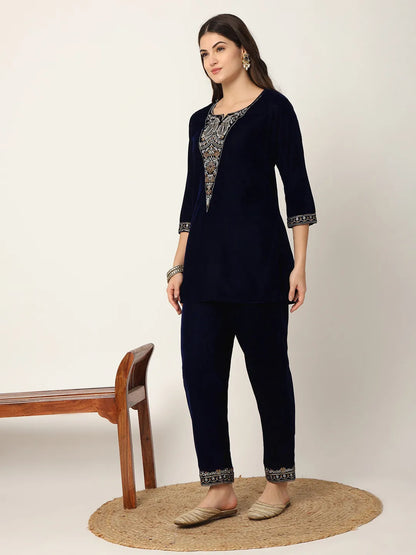 Yufta Navy Blue Velvet Embroidered Co-Ord Set