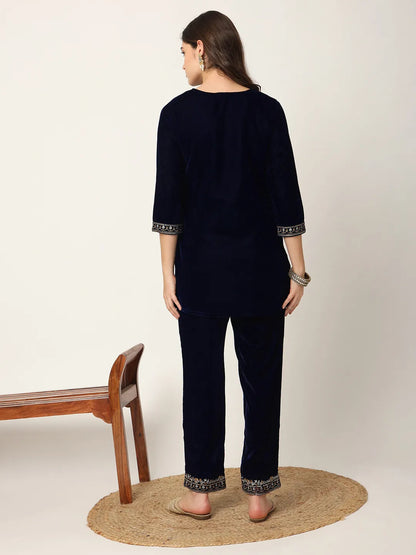 Yufta Navy Blue Velvet Embroidered Co-Ord Set