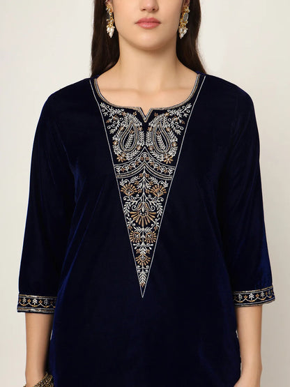 Yufta Navy Blue Velvet Embroidered Co-Ord Set