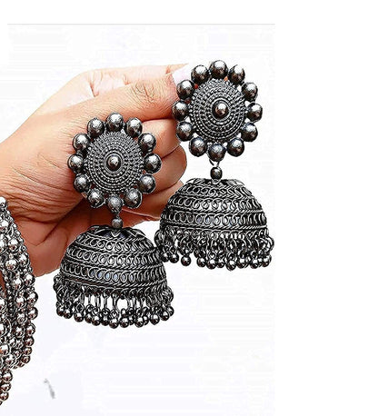 Rhodium-Plated Alloy Black Metallic Jhumki Earrings - The Pari
