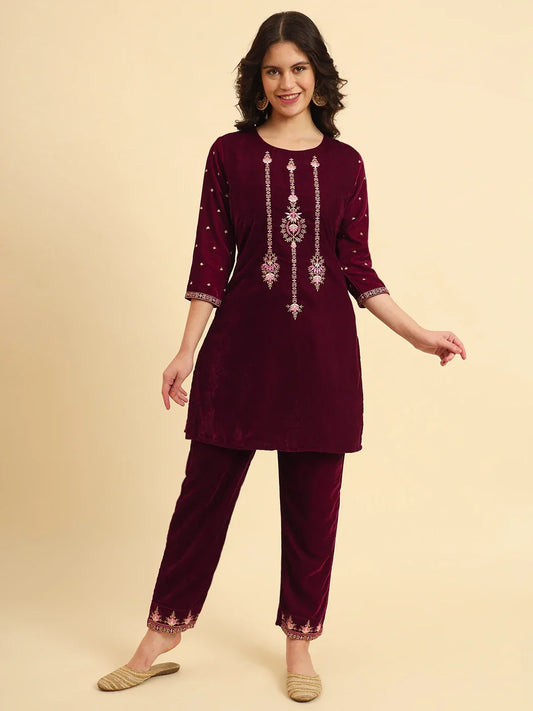 Yufta Magenta Velvet embroidered Co Ord Set With Cotton Lining