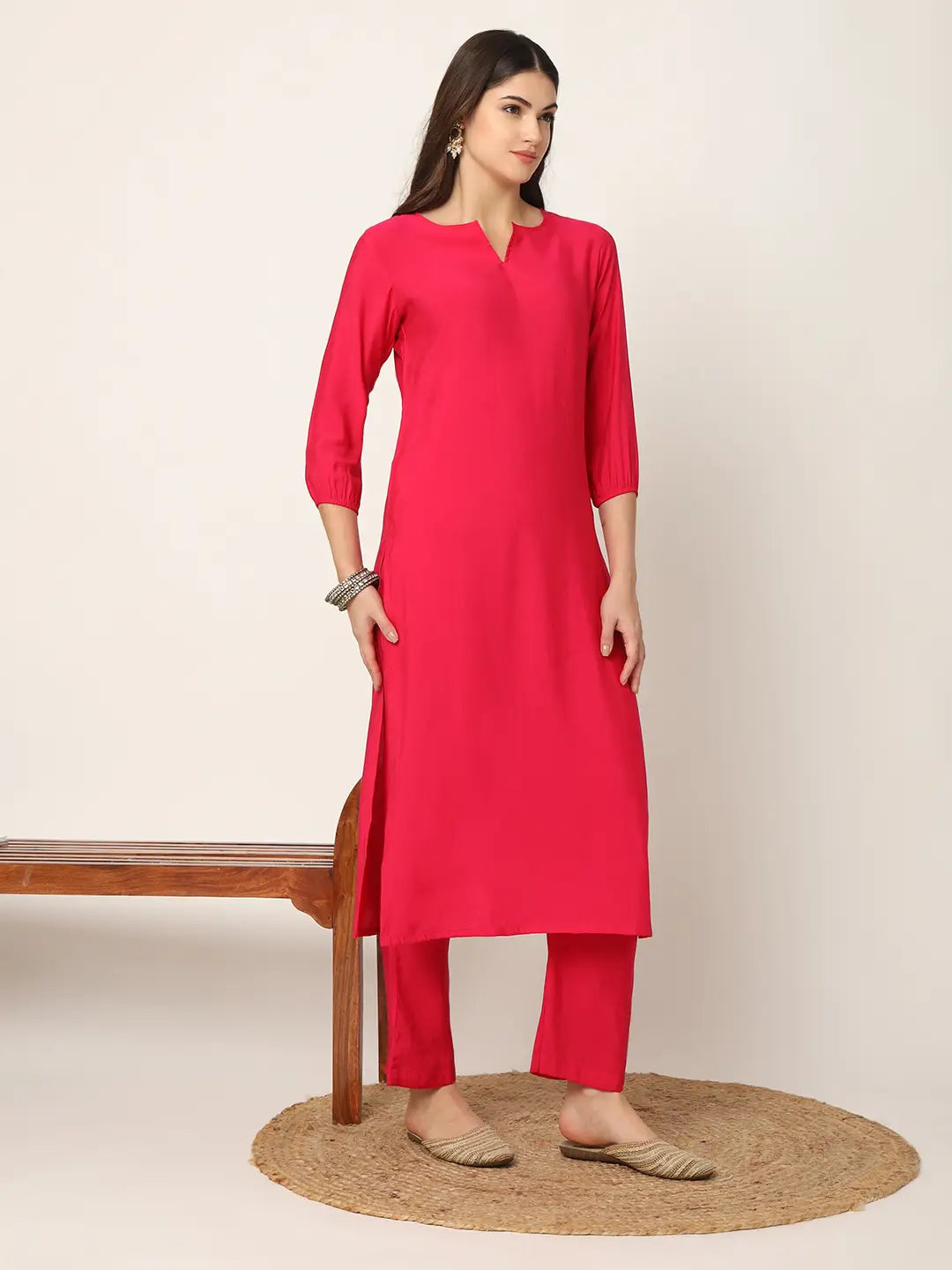 Yufta Pink Straight Solid Kurta Dupatta Set