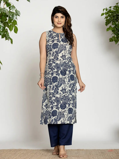 Yufta Blue Cotton Ethnic Motifs Straight Kurta