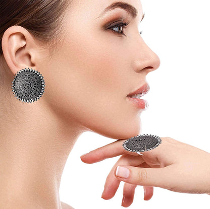 Silver-Plated Alloy Antique Silver Round Earrings With Ring - The Pari