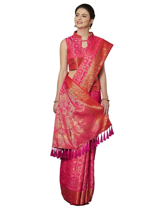 Akhilam Women's Jacquard Kanjivaram Silk Saree With Unstitched Blouse