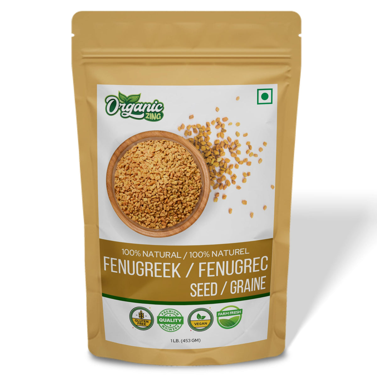 Organic Zing Fenugreek Seeds Also Known As Methi Seeds and Trigonella Foenum-Graecum Vegan | Preservative Free | Resealable Pack
