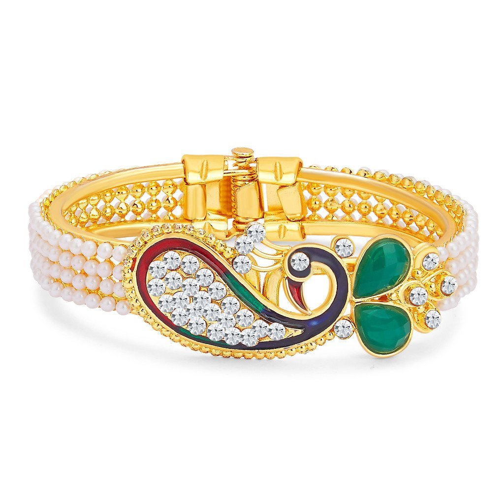 Gold-Polished Alloy Pearl Studded Peacock Enamel Bangle - The Pari