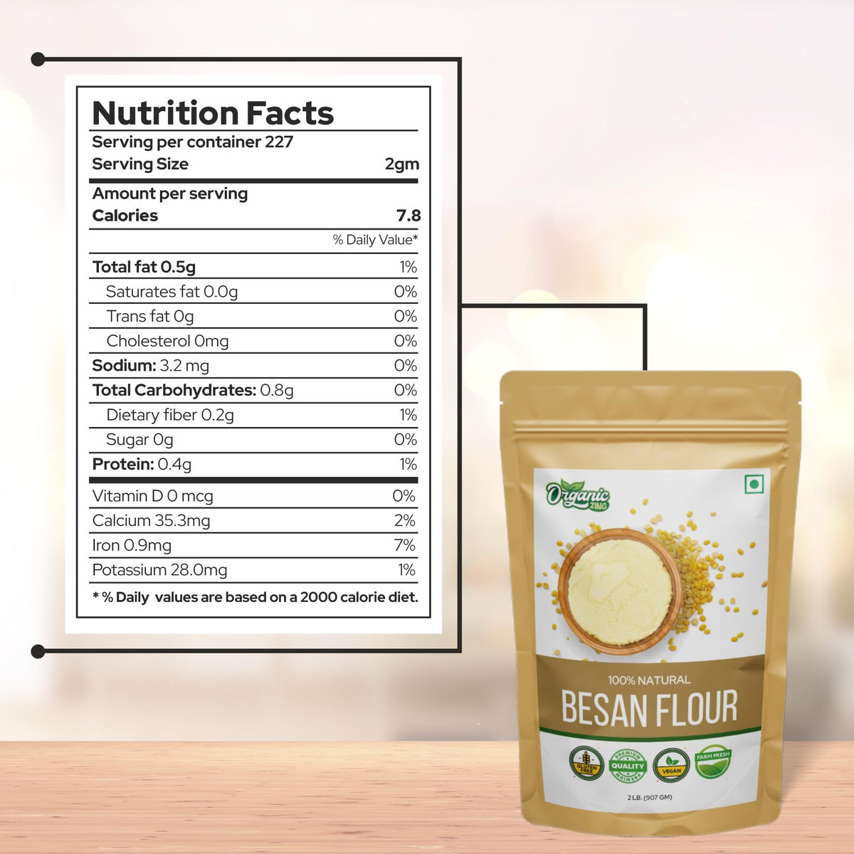 Organic Zing Besan Flour also known as Chickpea Flour, Bengal Gram Flour or Garbanzo Bean Flour |Vegan| Preservative Free | Resealable Pack