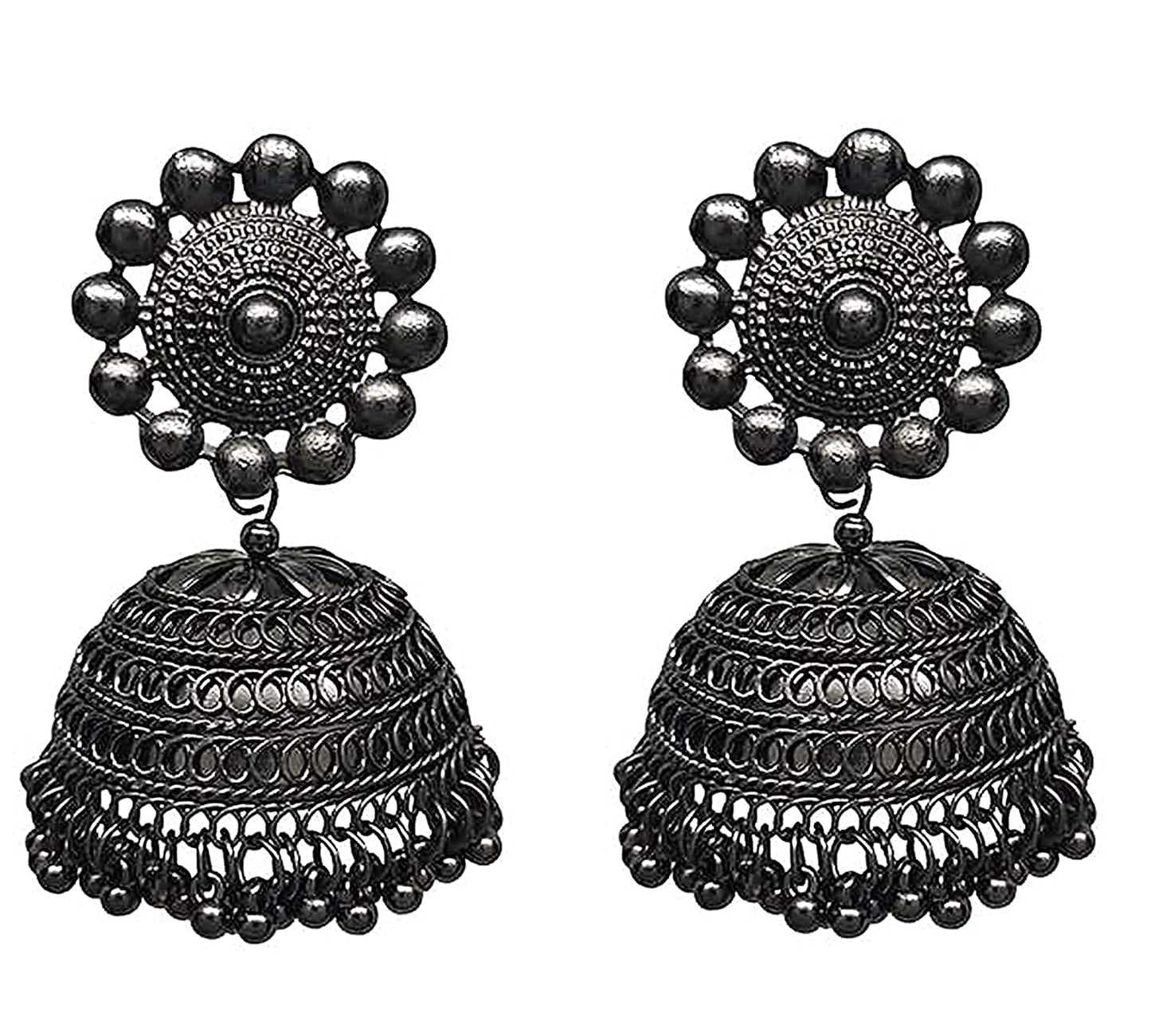 Rhodium-Plated Alloy Black Metallic Jhumki Earrings - The Pari