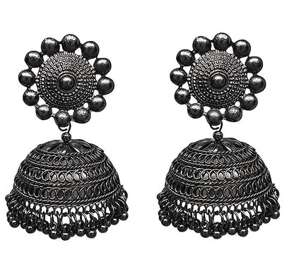 Rhodium-Plated Alloy Black Metallic Jhumki Earrings - The Pari