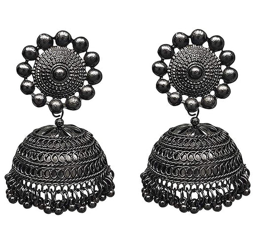 Rhodium-Plated Alloy Black Metallic Jhumki Earrings - The Pari