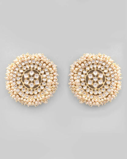 VOJ Gold-Polished White Pearl Cricluar Studs Earrings
