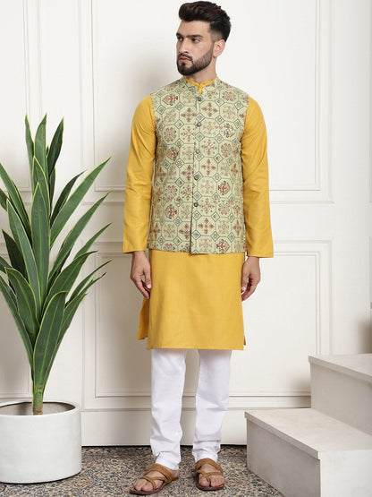 Sojanya Men Mustard Yellow Pure Cotton Kurta with Churidar & Nehru Jacket