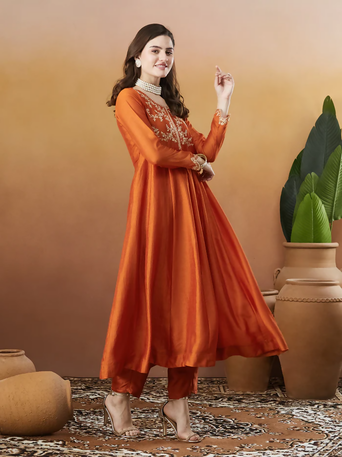 The52 Orange Women's Beautiful Vichitra Silk Fabric Embroidered Work Flared Anarkali Pant and Dupatta Set