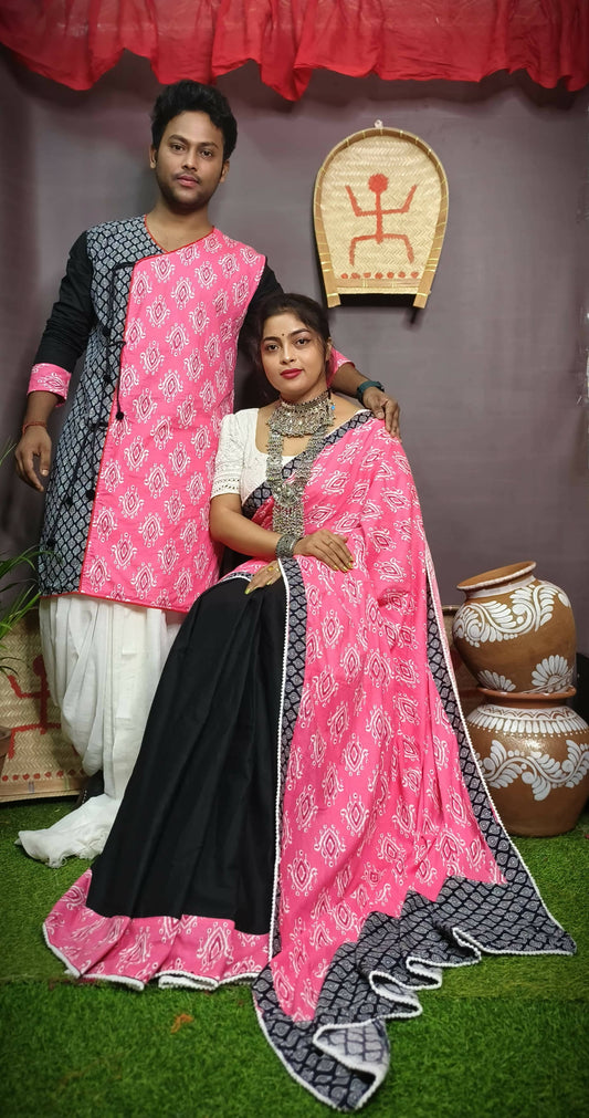 Exclusive Collection Saree With Blouse Piece For Women And Men's Kurta - Black
