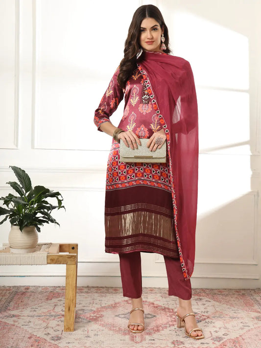 Yufta Burgundy Gajji Silk Kurta Dupatta Pant Set