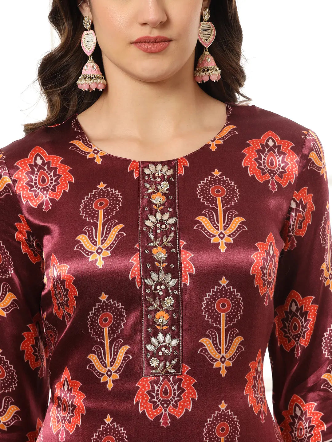 Yufta Burgundy Gajji Silk Kurta Dupatta Pant Set