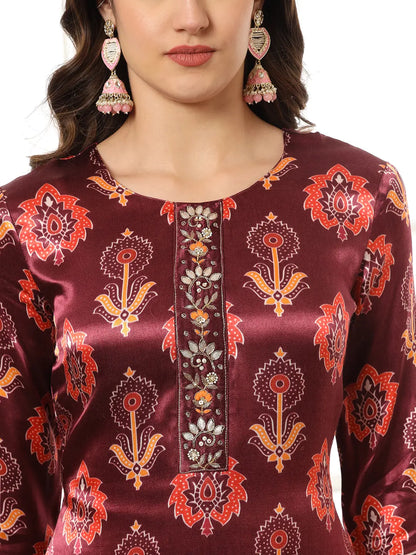 Yufta Burgundy Gajji Silk Kurta Dupatta Pant Set