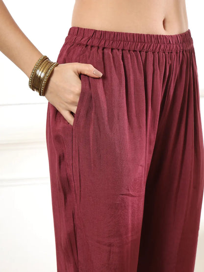Yufta Burgundy Gajji Silk Kurta Dupatta Pant Set