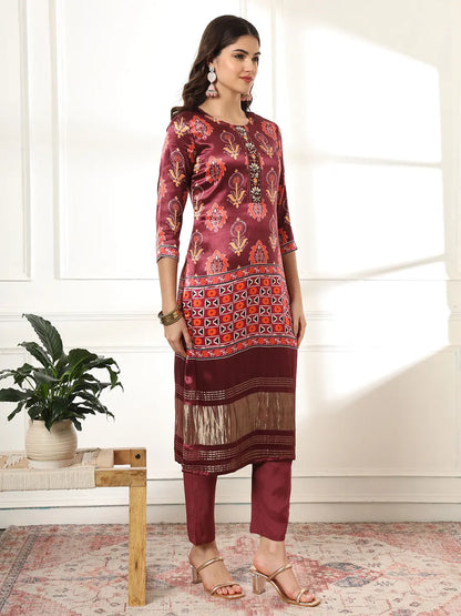 Yufta Burgundy Gajji Silk Kurta Dupatta Pant Set