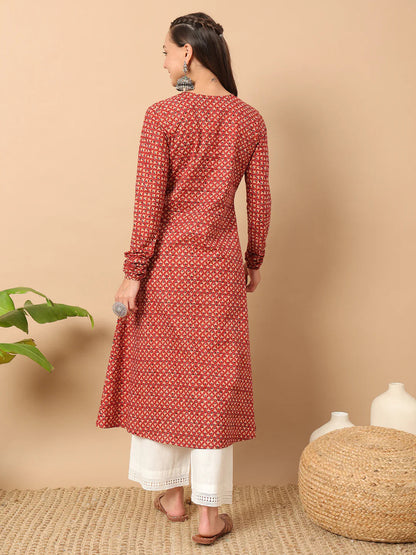 FIORRA Women's Floral Printed Red Cotton A-Line Kurta