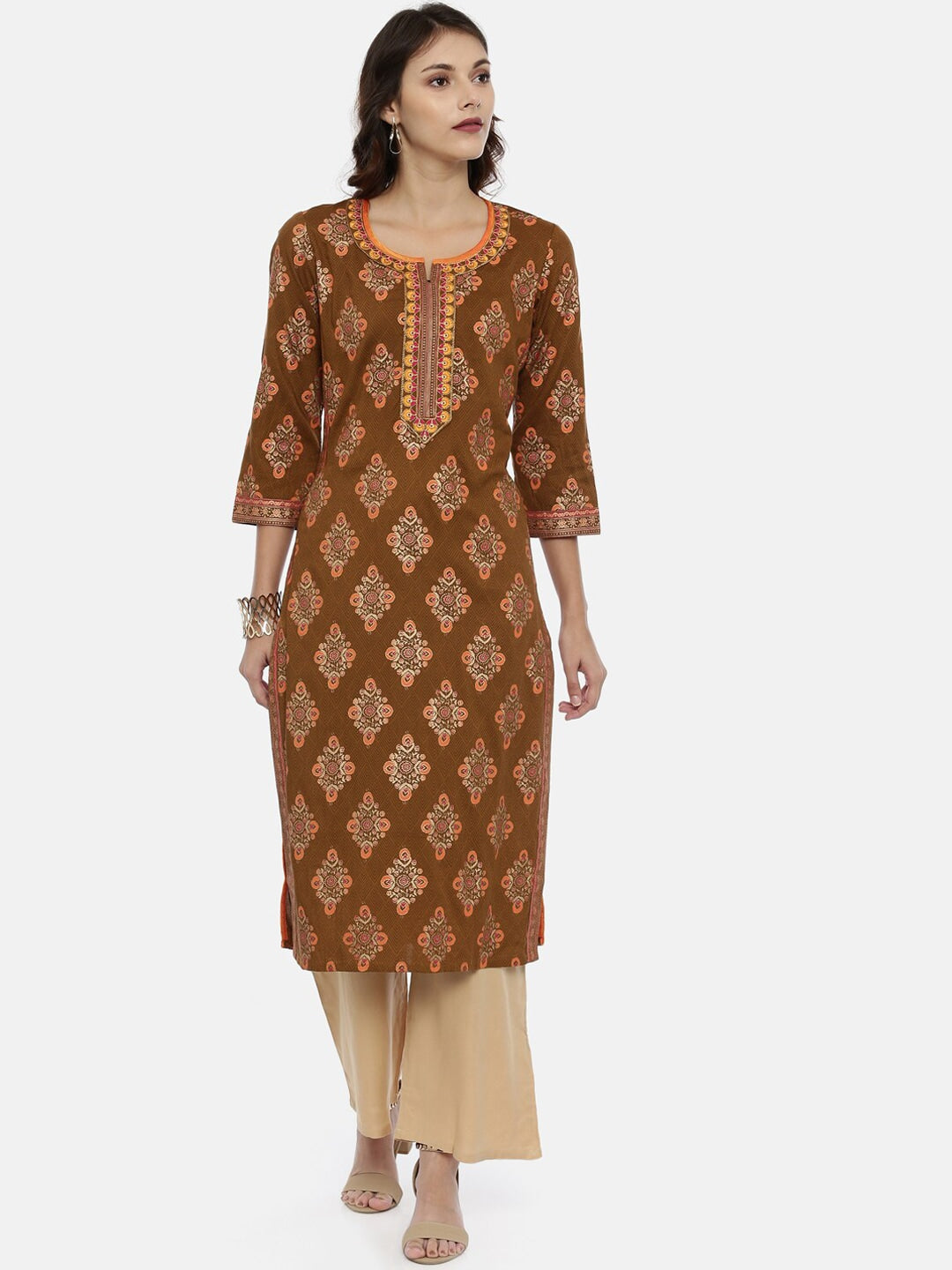 Souchii Brown & Mustard Printed Straight Kurta
