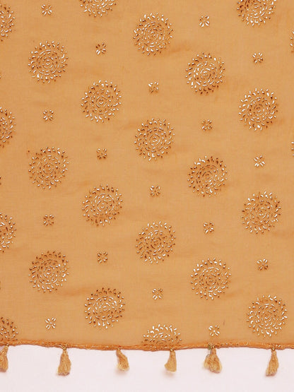 Souchii Beige & Gold Foil Print Dupatta with Tasselled Border