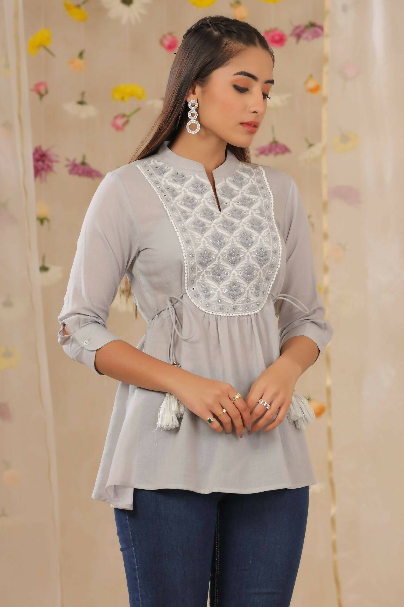 Juniper Women Grey Cotton Moss Embroidered A-Line Tunic