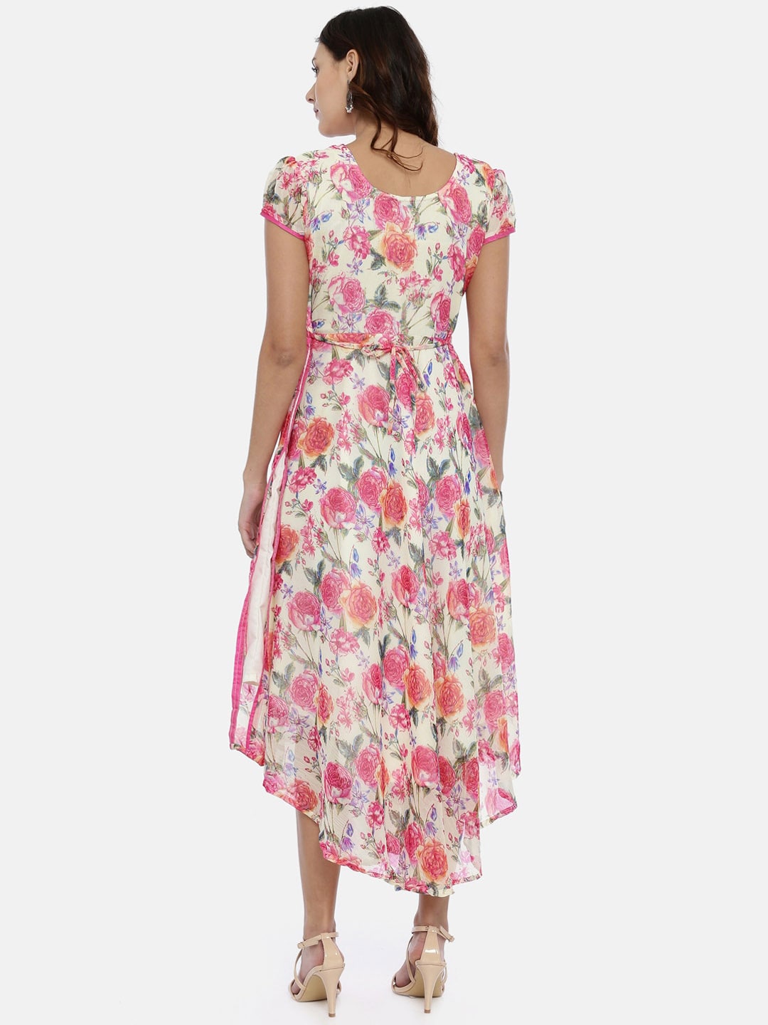Souchii Off-White & Pink Floral Printed A-Line Dress