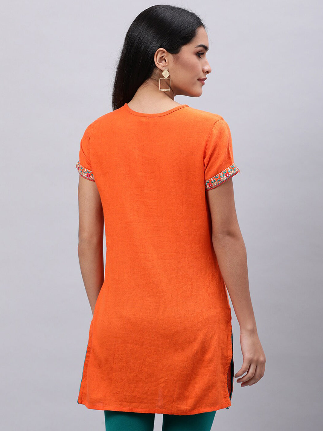 Souchii Orange Floral Embroidered Mirror Work Mirror Work Kurti