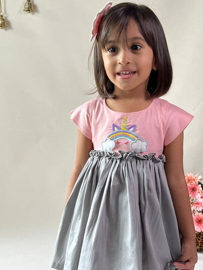 ArthLife Peach And Grey Unicorn Embroidered Dress