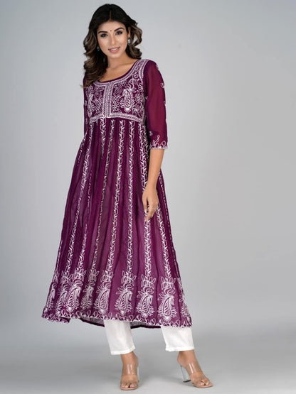 HERE&NOW Purple & White Floral Embroidered Paneled Georgette Anarkali Kurta
