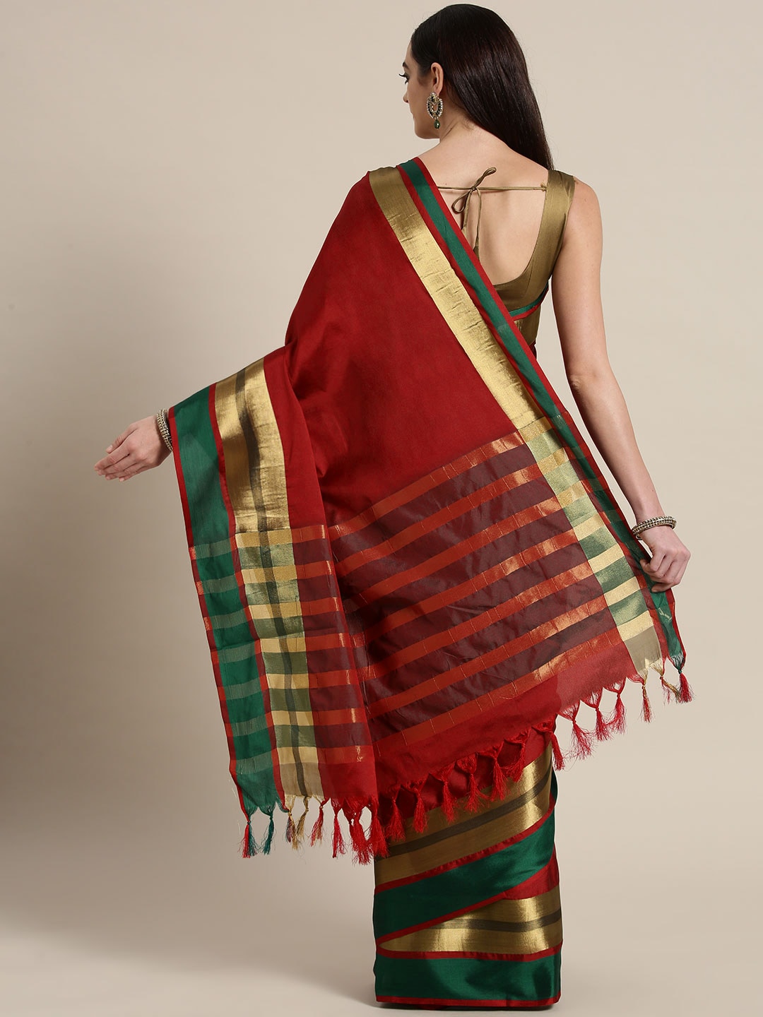 Saree Mall Red & Green Solid Saree