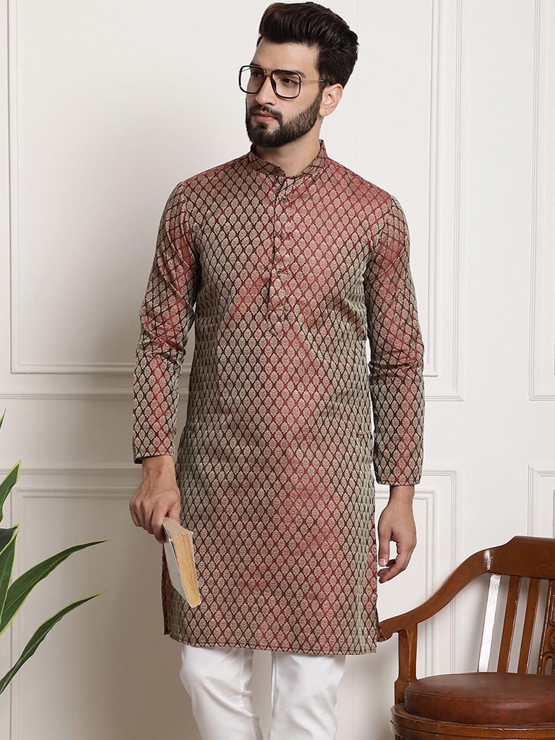 Sojanya Men Maroon & Golden Ethnic Motifs Jacquard Silk Kurta