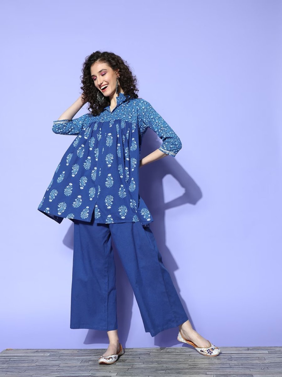Ahalyaa Blue Pure Cotton Tunic & Palazzos Ethnic Co-Ords