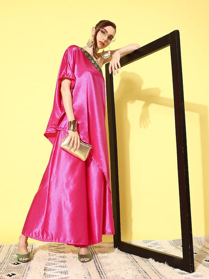 InWeave Women's Pink Green Brocade Satin Oneshoulder Kurta Set