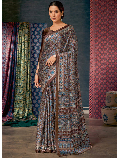Saree Mall Brown & Blue Ethnic Motifs Printed Pure Crepe Block Print Saree