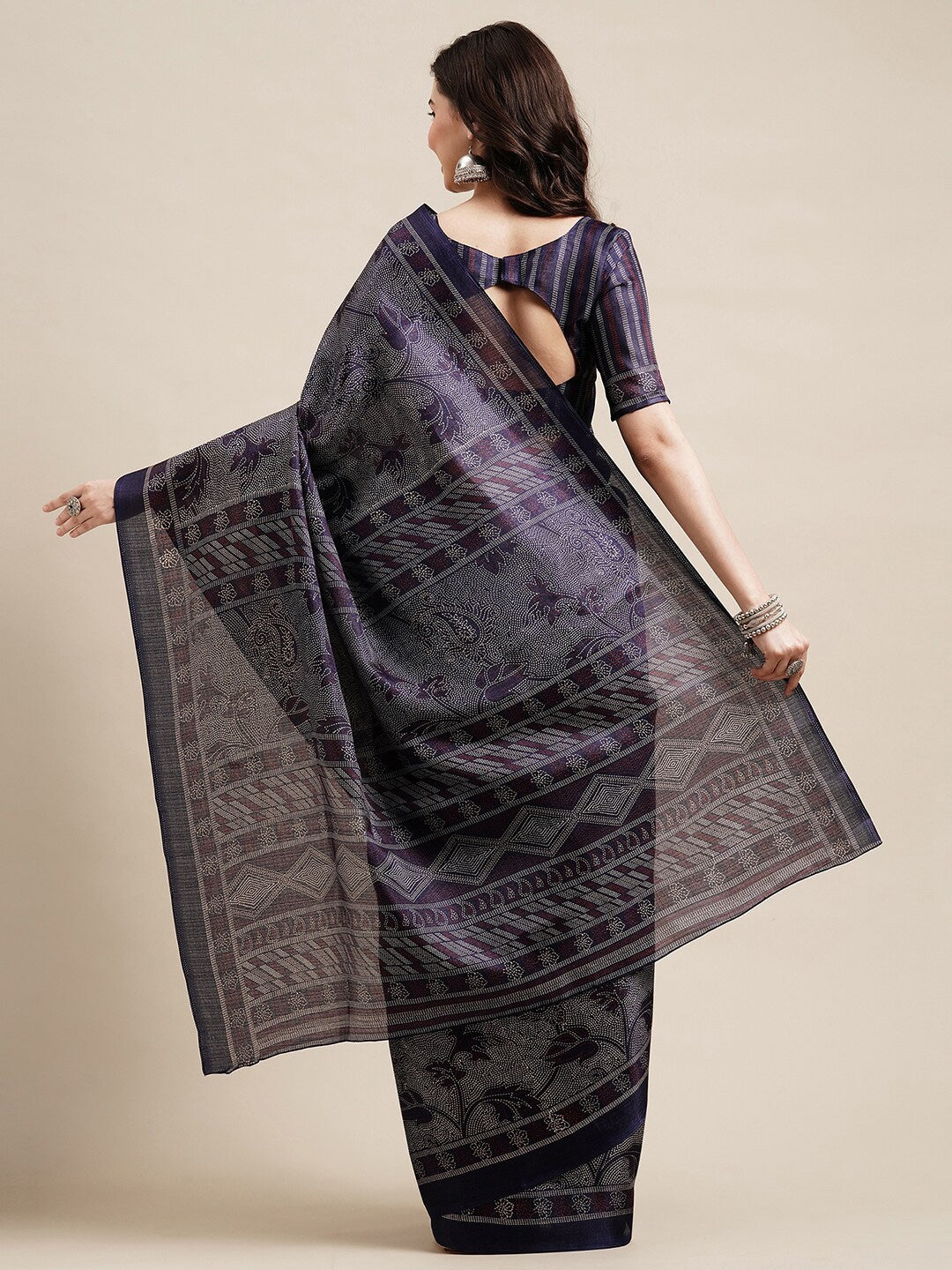 Saree Mall Navy Blue & Grey Floral Art Silk Bhagalpuri Sarees