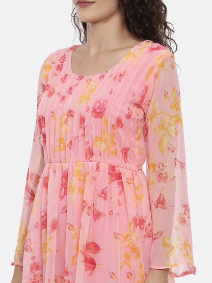 Souchii Pink Floral Printed A-Line Dress For Women
