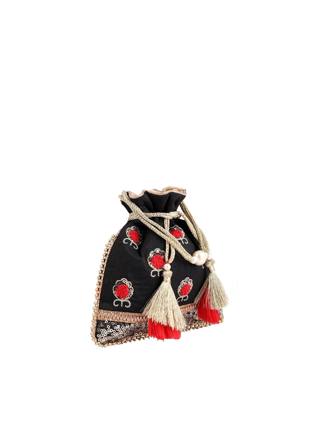 Masq Black & Red Embellished Embroidered Potli Clutch