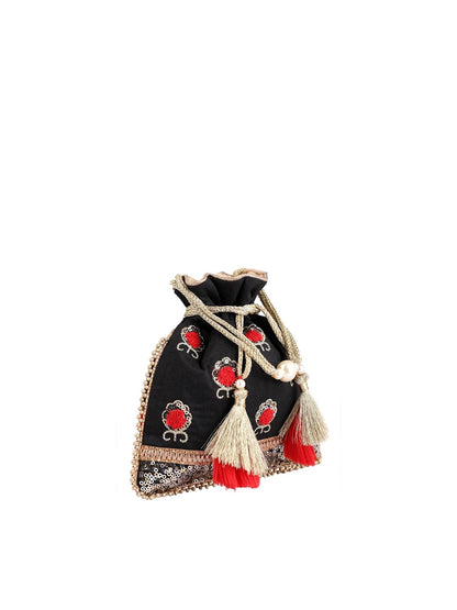 Masq Black & Red Embellished Embroidered Potli Clutch